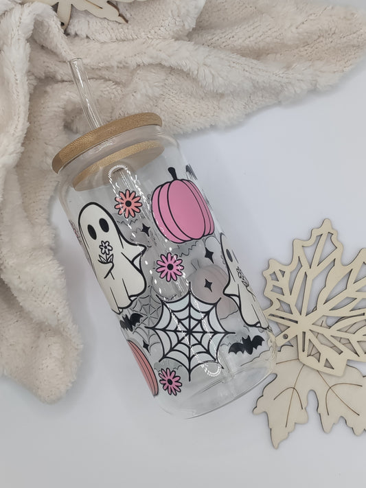 Ghost and Pumpkin Halloween Glass with Lid