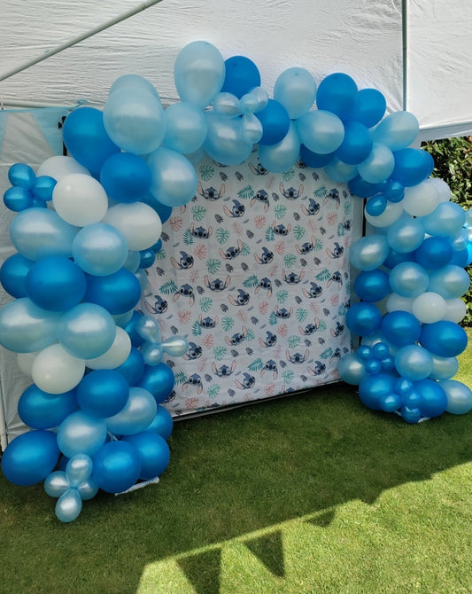 Stitch themed blue balloon arch