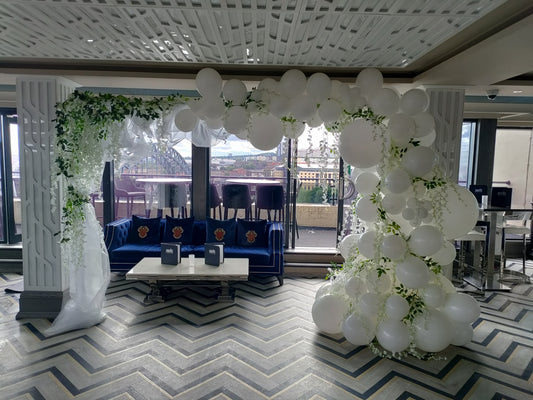 Wedding white floral and balloon arch